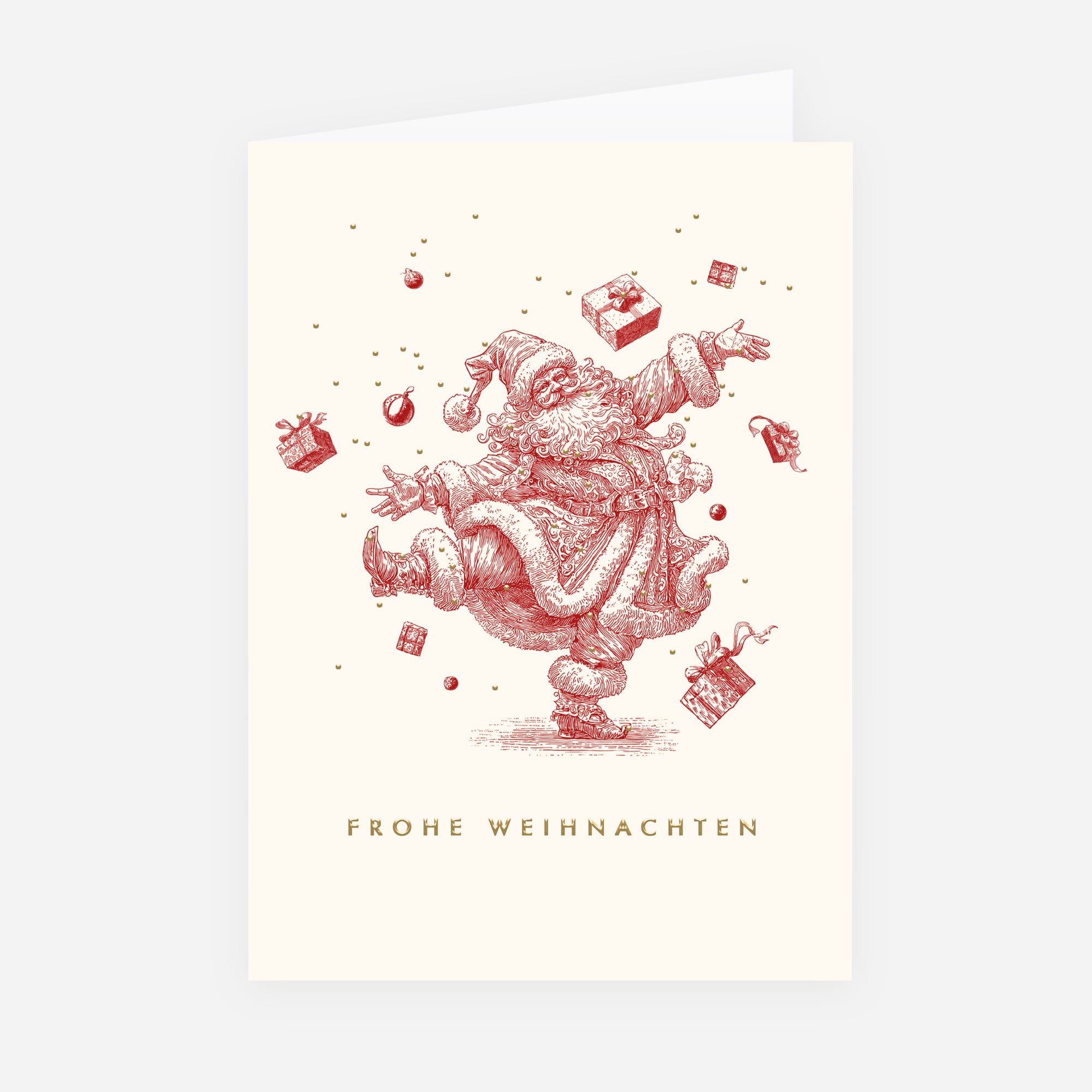 Tanzender Weihnachtsmann | Weihnachtskarte mit goldener Prägung • Hochformat klappbar photo N° 1
